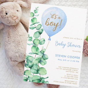Modern Eucalyptus Balloon It's A Boy Baby Shower  Invitation