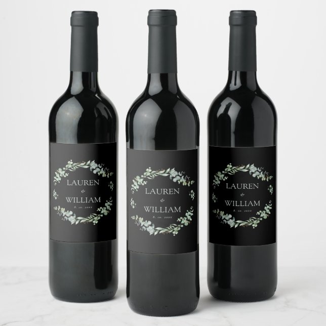 Modern Eucalyptus Black Greenery Wedding Wine Label (Bottles)