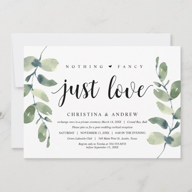 Modern Eucalyptus,  Black Ink, Wedding Elopement Invitation (Front)