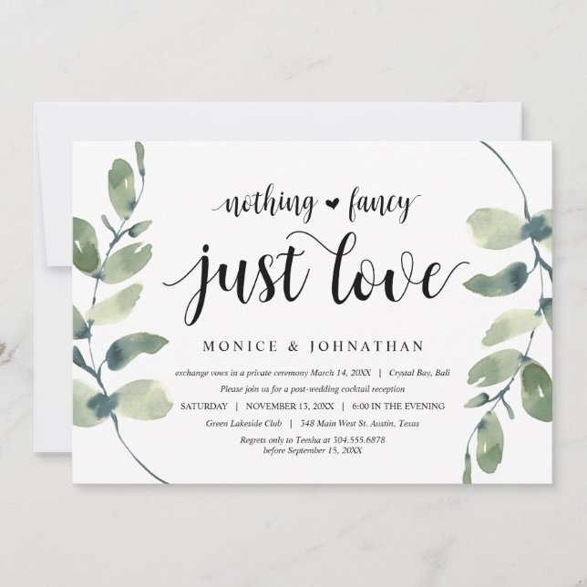 Modern Eucalyptus,  Black, Wedding Elopement Party Invitation (Front)