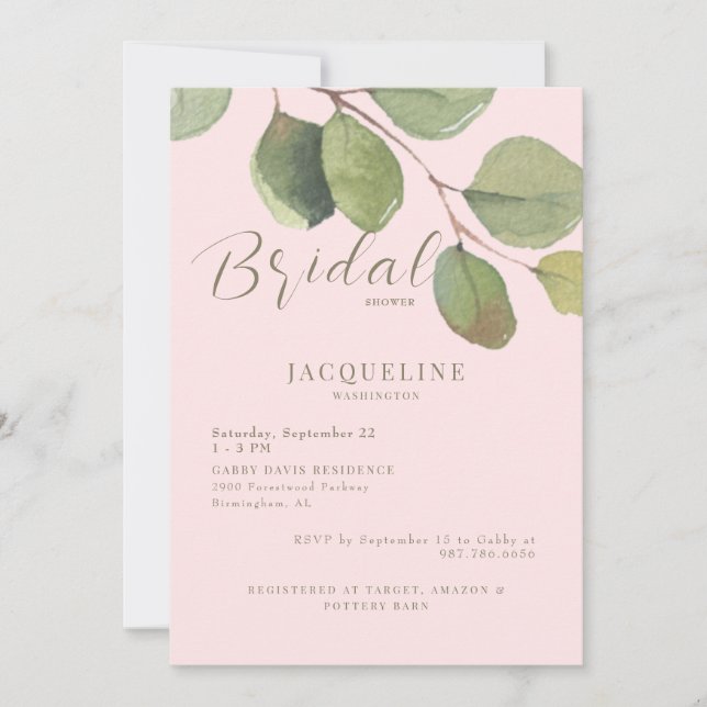 Modern Eucalyptus Blush Gold Text Bridal Shower Invitation (Front)