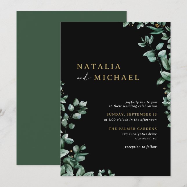 Modern Eucalyptus Botanical | Black Moody Wedding Invitation (Front/Back)