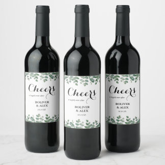 Modern Eucalyptus Botanical Cheers Wedding Wine Label