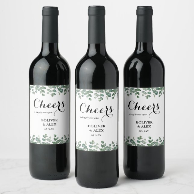 Modern  Eucalyptus Botanical Cheers Wedding Wine  Label (Bottles)