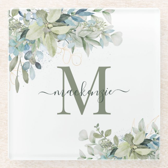 Modern Eucalyptus Botanical Floral Monogram Glass Coaster (Front)