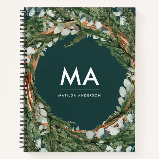 Modern eucalyptus botanical foliage wreath initial notebook (Front)