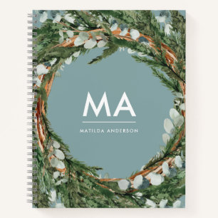 Modern eucalyptus botanical foliage wreath initial notebook
