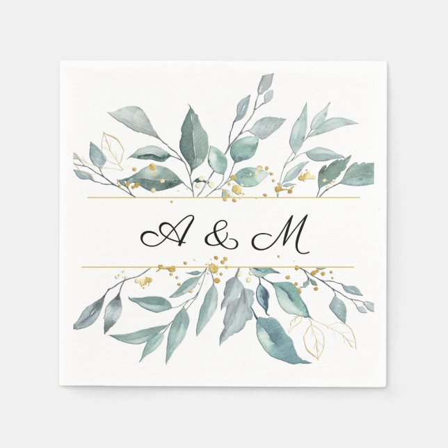  Modern Eucalyptus Calligraphy Monogram Wedding Napkin (Front)