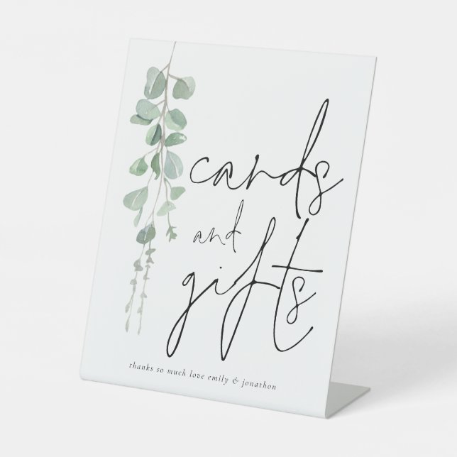 Modern Eucalyptus Cards Gifts Script Wedding Pedestal Sign (Front)