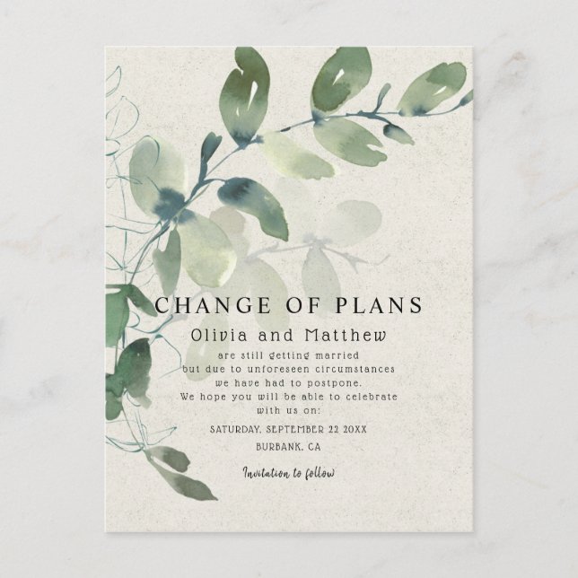 Modern Eucalyptus Change Of Plans Announcement Postcard (Front)