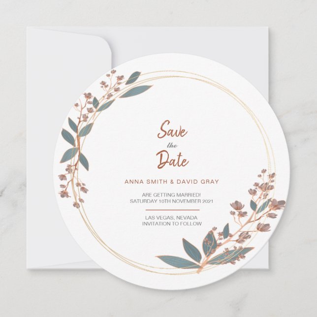 Modern Eucalyptus Circular Floral Save The Date Invitation (Front)