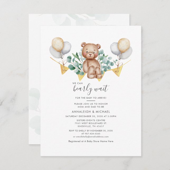Modern Eucalyptus Couples Baby Shower Bear Foliage Invitation (Front/Back)