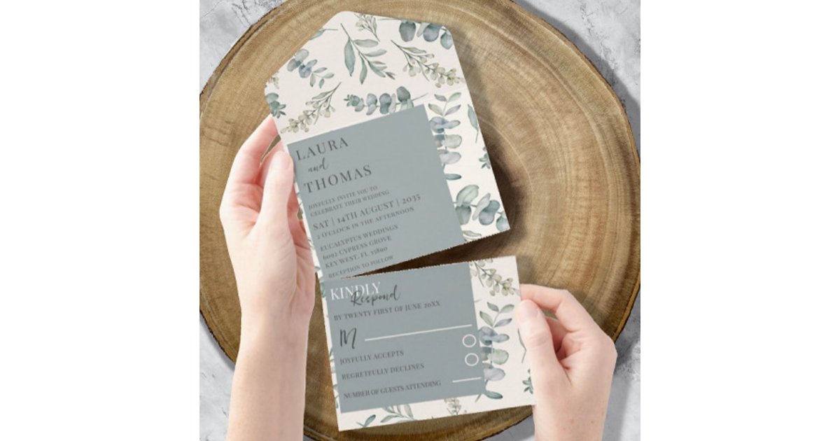 Modern Eucalyptus Dusty Blue Pattern Wedding All In One Invitation | Zazzle