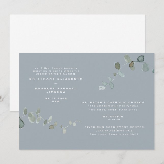 Modern Eucalyptus Dusty Blue Two Venues Wedding  Invitation (Front/Back)