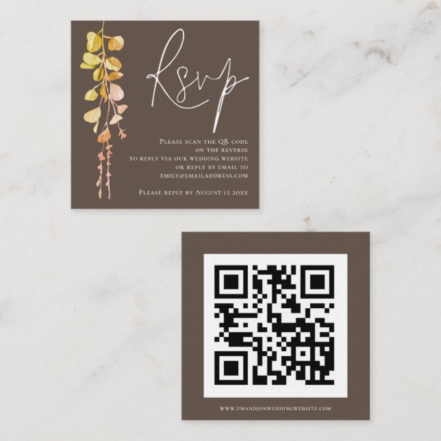 Modern Eucalyptus Earthy Tone QR Code Wedding RSVP Enclosure Card (Front/Back)