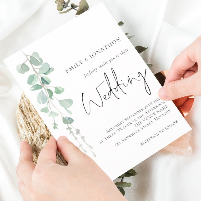 Modern Eucalyptus Elegant Script Wedding Invitation (Creator Uploaded)