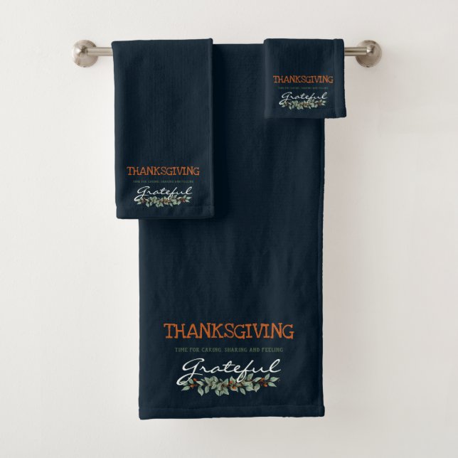 Modern Eucalyptus Feeling Grateful Thanksgiving Bath Towel Set (Insitu)