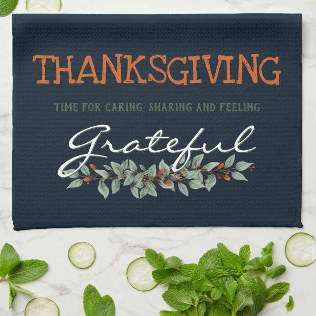 Modern Eucalyptus Feeling Grateful Thanksgiving Tea Towel (Folded)