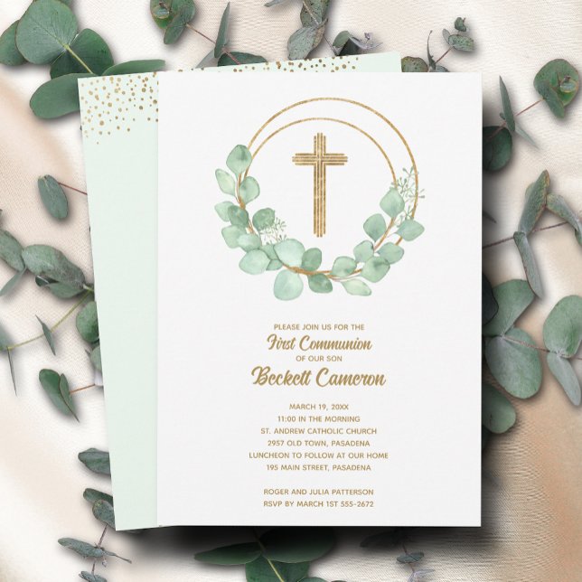 Modern Eucalyptus First Communion Invitation (Creator Uploaded)