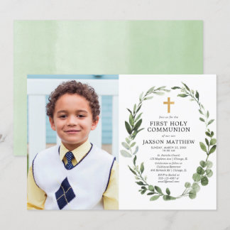 Modern Eucalyptus first communion photo Invitation