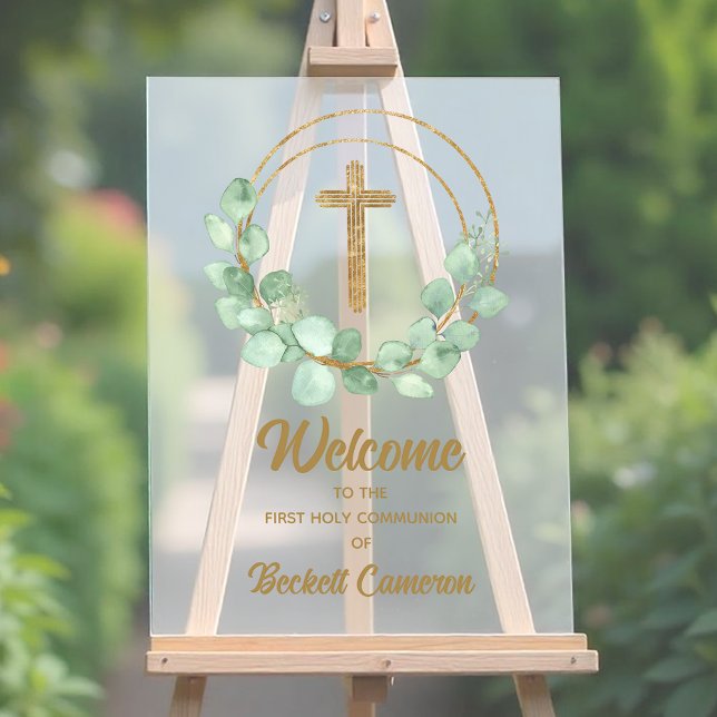 Modern Eucalyptus First Communion Welcome Acrylic Sign (Modern eucalyptus First Communion party Welcome acrylic sign)