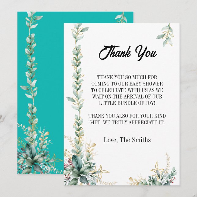 Modern eucalyptus floral baby shower thank you invitation (Front/Back)