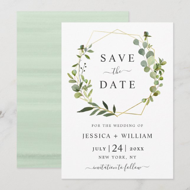 Modern Eucalyptus Floral Geometric Frame Wedding Save The Date (Front/Back)