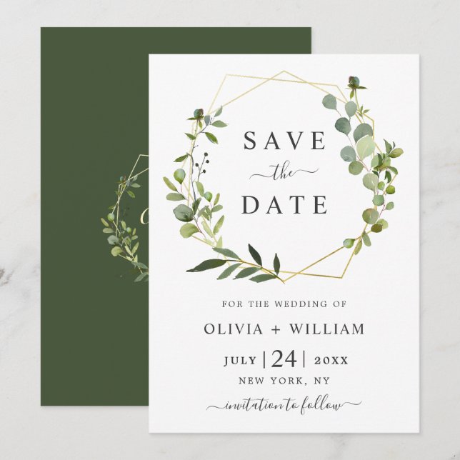 Modern Eucalyptus Floral Geometric Frame Wedding Save The Date (Front/Back)
