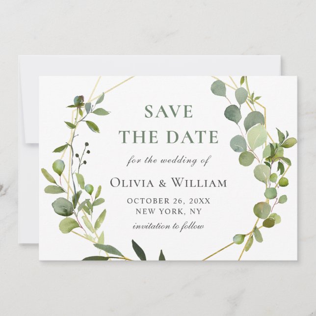 Modern Eucalyptus Floral Geometric Frame Wedding Save The Date (Front)