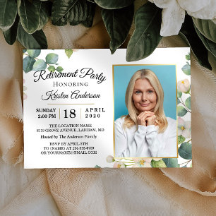 Modern Eucalyptus Floral Photo Retirement Party Invitation