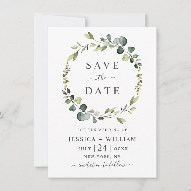 Modern Eucalyptus Floral Wreath Frame Wedding Save The Date (Front)