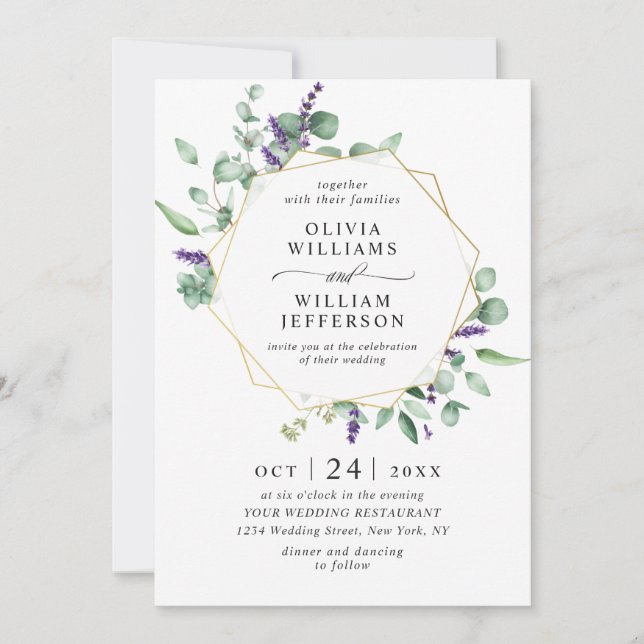 Modern Eucalyptus Foliage Geometric Frame Wedding Invitation (Front)