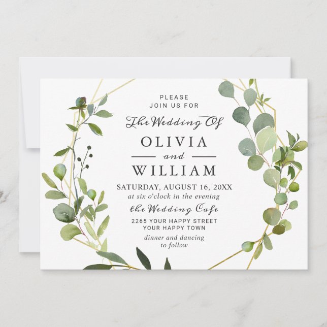 Modern Eucalyptus Foliage Geometric Frame Wedding Invitation (Front)