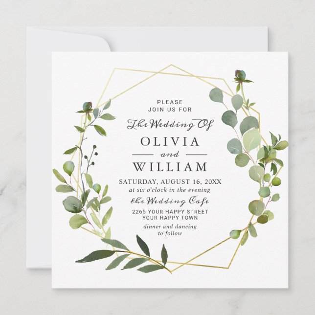 Modern Eucalyptus Foliage Geometric Frame Wedding Invitation (Front)