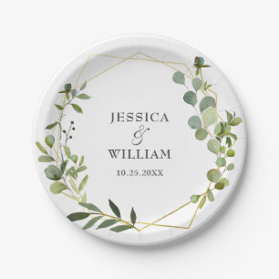Modern Eucalyptus Foliage Geometric Frame Wedding  Paper Plate