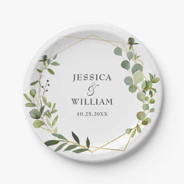 Modern Eucalyptus Foliage Geometric Frame Wedding  Paper Plate (Front)