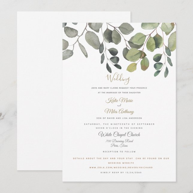 Modern Eucalyptus Foliage Website Wedding White  Invitation (Front/Back)