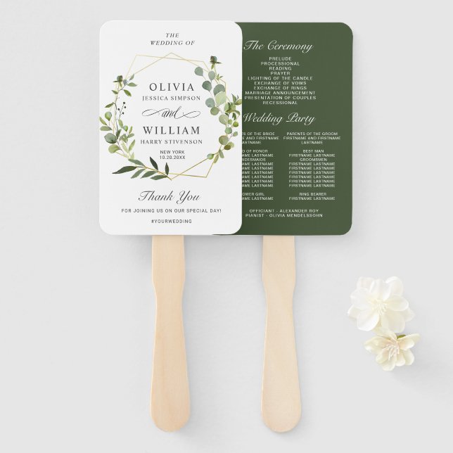 Modern Eucalyptus Foliage Wedding Program Hand Fan (Front and Back)