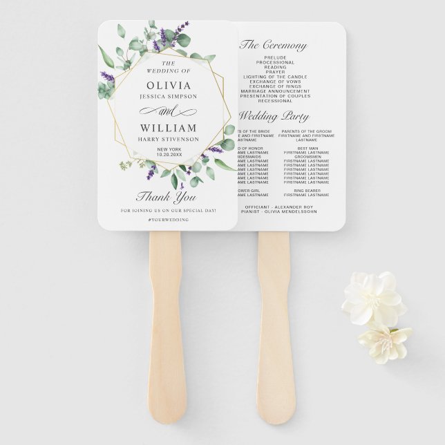 Modern Eucalyptus Foliage Wedding Program Hand Fan (Front and Back)