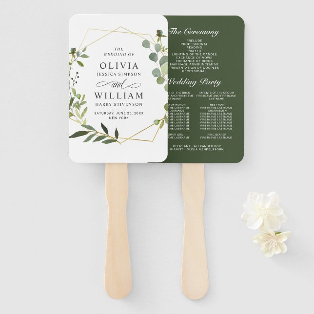Modern Eucalyptus Foliage Wedding Program Hand Fan (Front and Back)