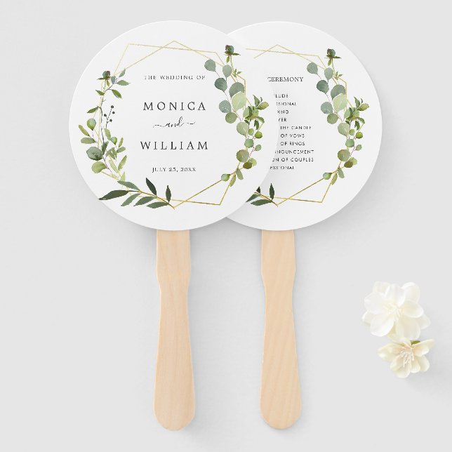 Modern Eucalyptus Foliage Wedding Program Hand Fan (Front and Back)