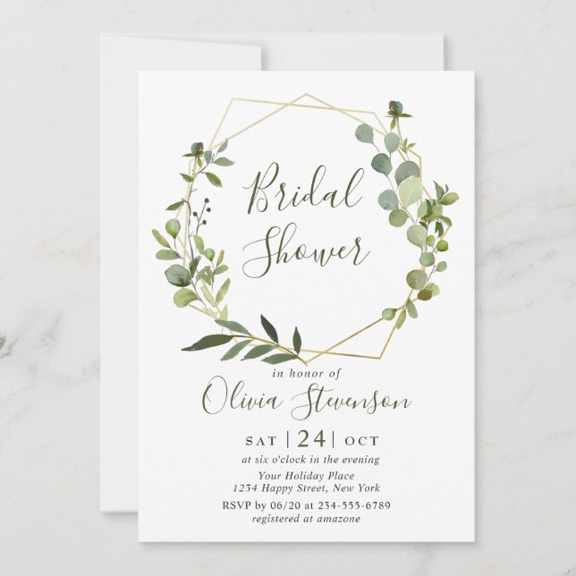 Modern Eucalyptus Geometric Frame Bridal Shower Invitation (Front)