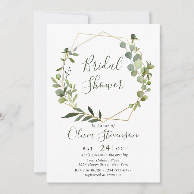 Modern Eucalyptus Geometric Frame Bridal Shower Invitation (Front)