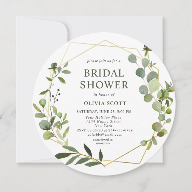 Modern Eucalyptus Geometric Frame Bridal Shower Invitation (Front)