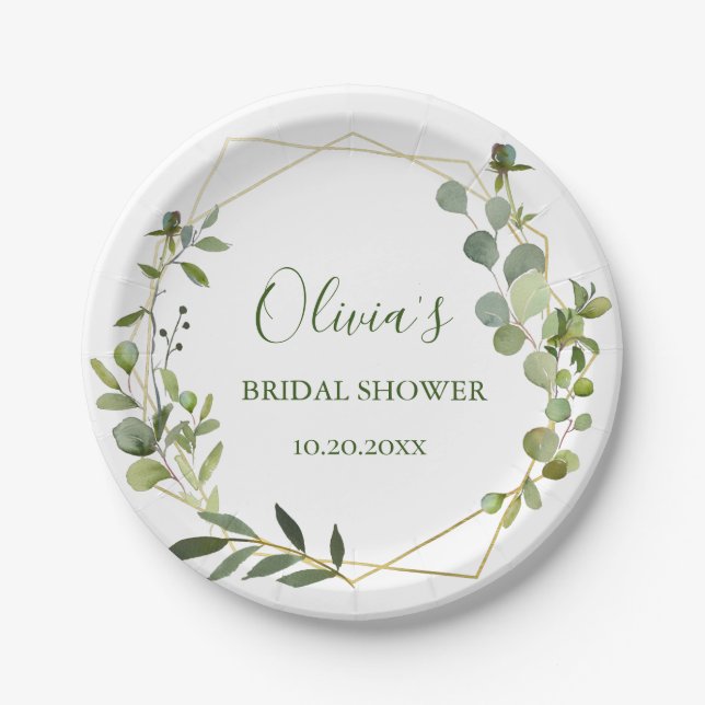 Modern Eucalyptus Geometric Frame Bridal Shower Paper Plate (Front)