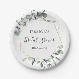 Modern Eucalyptus Geometric Frame Bridal Shower Paper Plate