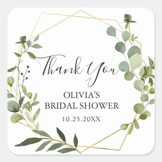 Modern Eucalyptus Geometric Frame Bridal Shower Square Sticker (Front)