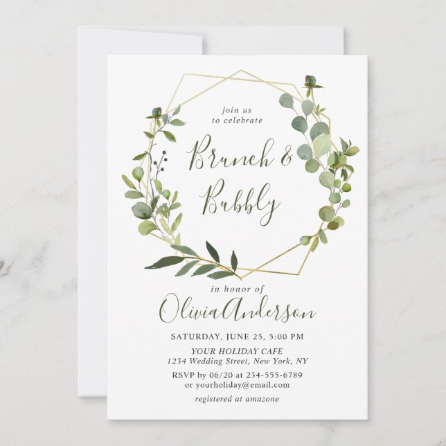 Modern Eucalyptus Geometric Frame Brunch & Bubbly Invitation (Front)