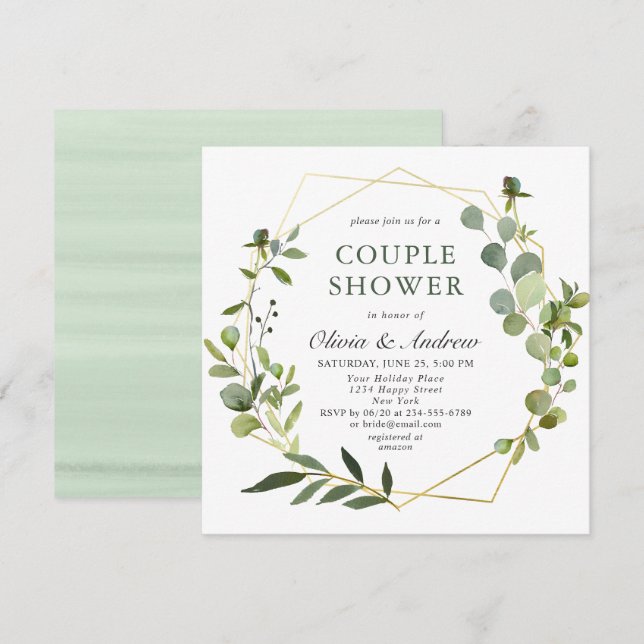 Modern Eucalyptus Geometric Frame COUPLE SHOWER Invitation (Front/Back)