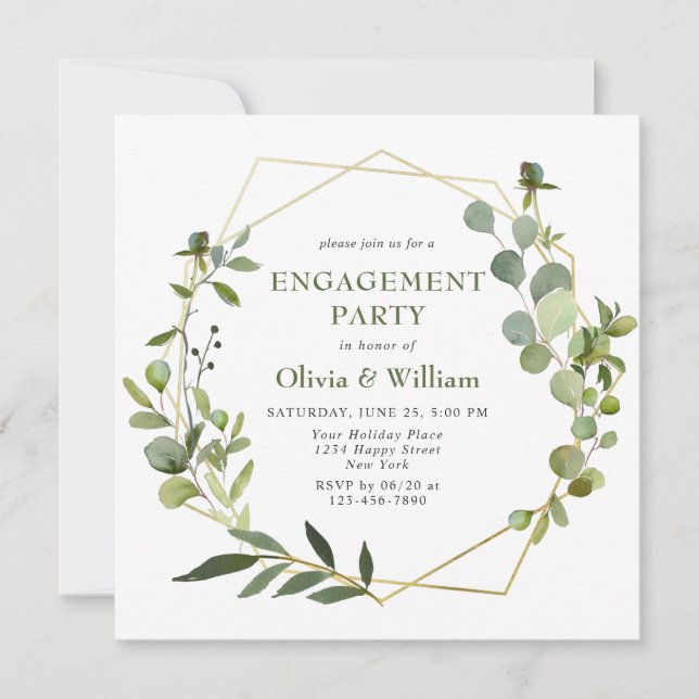 Modern Eucalyptus Geometric Frame ENGAGEMENT PARTY Invitation (Front)